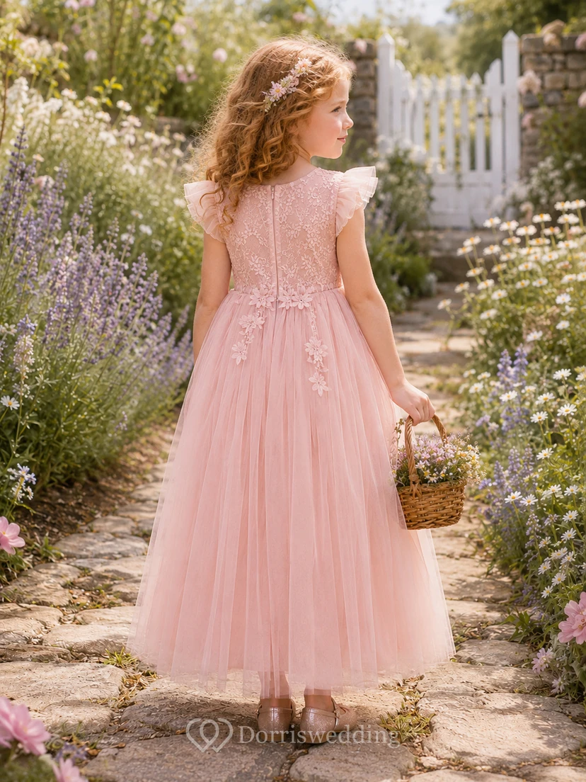 Blumenmädchenkleid aus rosafarbenem Tüll, A-Linie, Rundhalsausschnitt, Teelänge, mit Schärpendetails view 2
