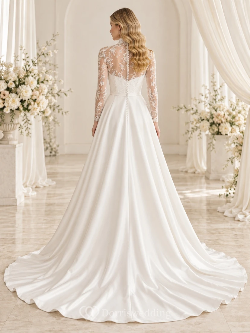 Modest High Neck Long Sleeve Lace Satin A-Line Wedding Dress view 2