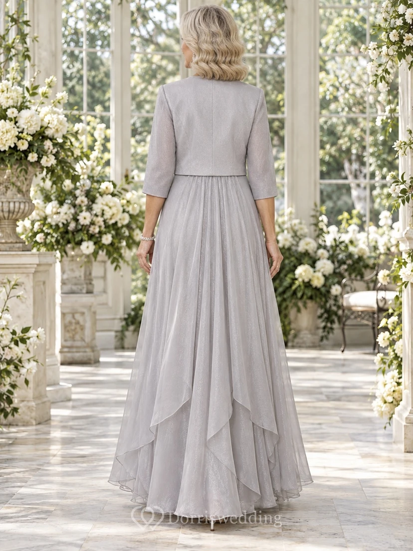 Vestido de novia plateado estilo imperio, corte A, largo hasta el suelo, con escote cuadrado y chaqueta corta con cuentas, ideal para la madre de la novia. view 2