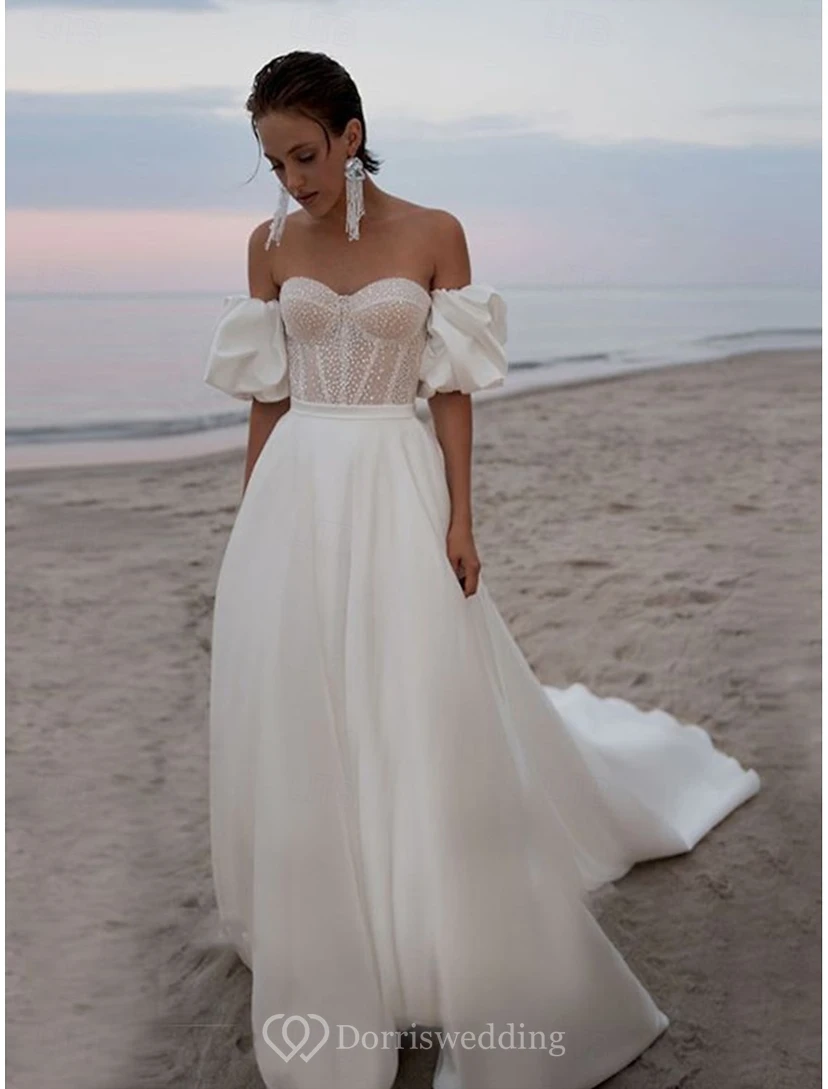 Boho-Hochzeitskleid mit schulterfreiem Korsett und abnehmbaren Ärmeln