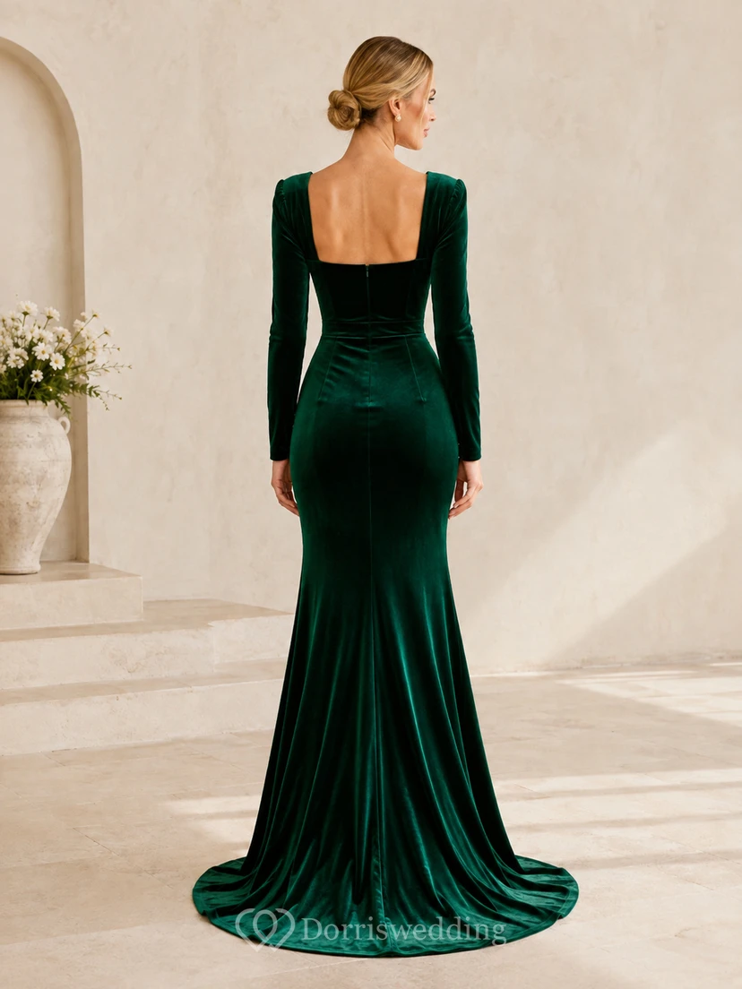 Dark Green Square-Neck Long-Sleeve Velvet Mermaid Sweep Formal Evening Gown view 2