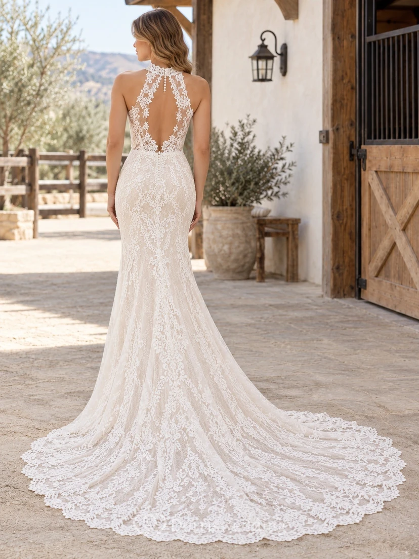 Western Halter High Neck Fitted Floral Lace Train Wedding Dress view 2