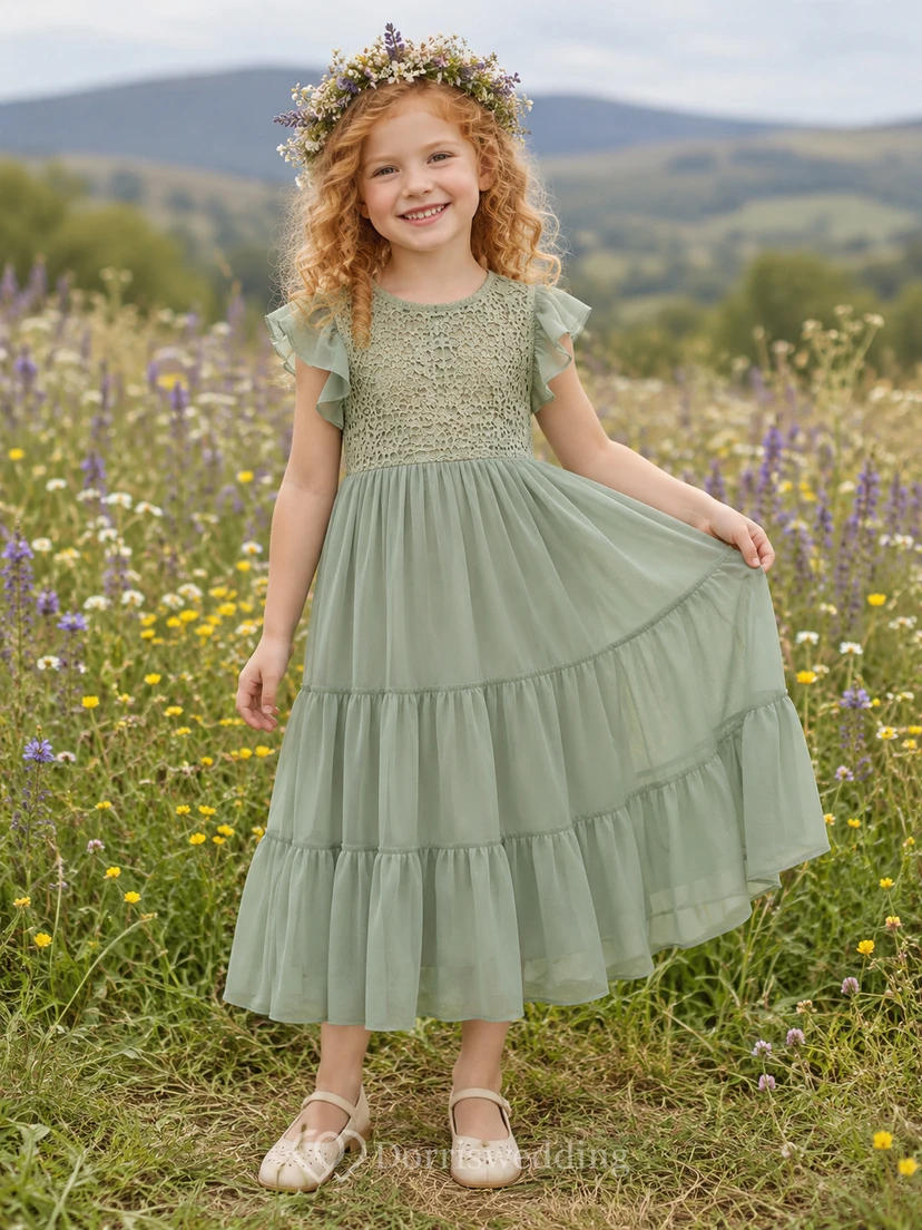 Blumenmädchenkleid aus salbeifarbenem Spitzentüll, A-Linie, kurze Ärmel, Rundhalsausschnitt, Teelänge, Rüschenbesatz, Stufenrock