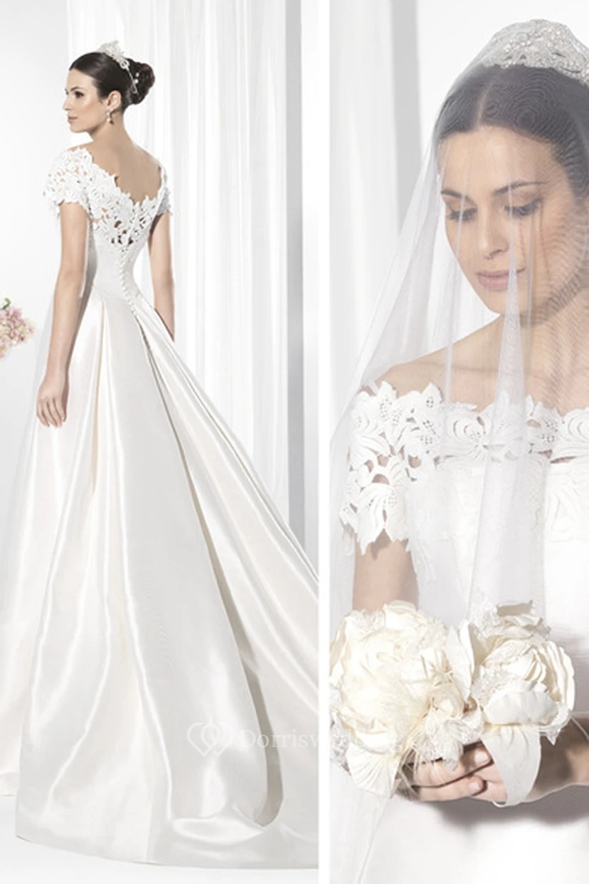 Bateau-Neck Short-Sleeve Satin Wedding Dress With Lace view 2