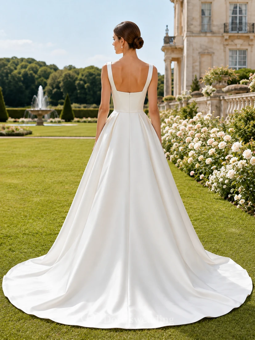 Robe de mariée de plage en satin et mousseline, robe de bal, col carré, sans manches, traîne. view 2