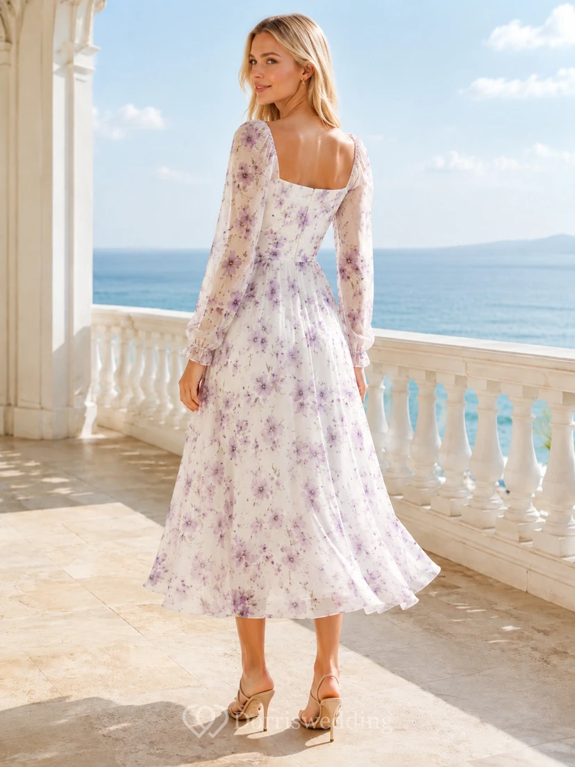 Violet Story Elfenbeinfarbenes A-Linien-Chiffonkleid in Knöchellänge mit quadratischem Ausschnitt und langen Ärmeln im Boho-Stil view 2