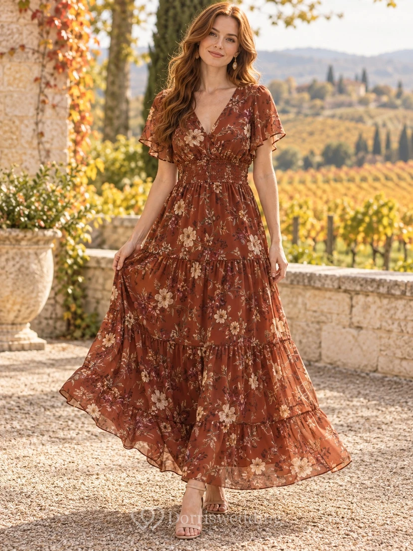 Vestido de otoño de corte A con escote en V y mangas con volantes, estampado floral en tonos marrón óxido.