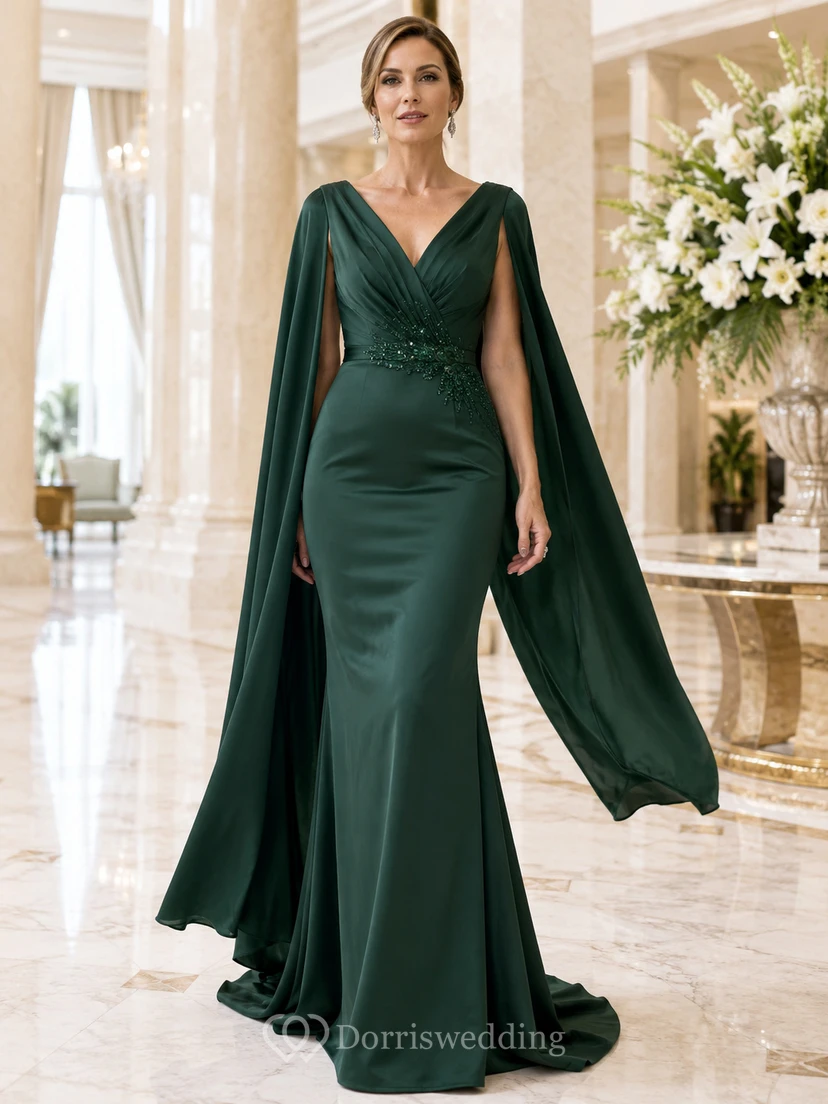 Dark Green V-Neck Sleeveless Beaded Satin Sheath Sweep Train Cape Mother Dress