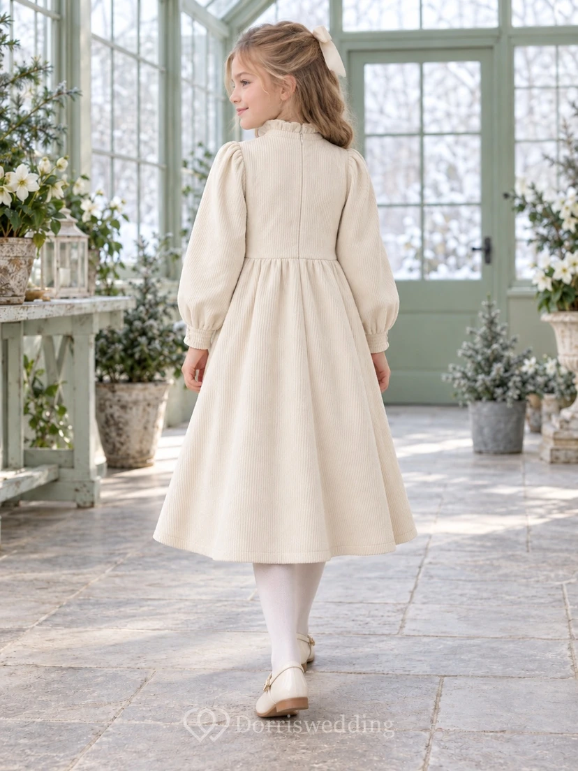 Cremefarbenes Cord-Blumenmädchenkleid mit hohem Kragen, langen Ärmeln und Knöpfen view 2