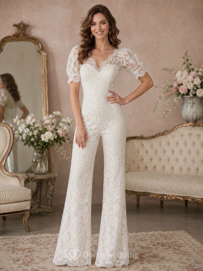 Vintage Allover Lace Bridal Jumpsuit Sweetheart Bodice Short Sleeves Flared Legs