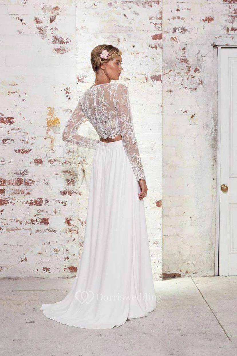 Ätherisches, zweiteiliges, bodenlanges Boho-Hochzeitskleid mit Falten für große Bräute view 2