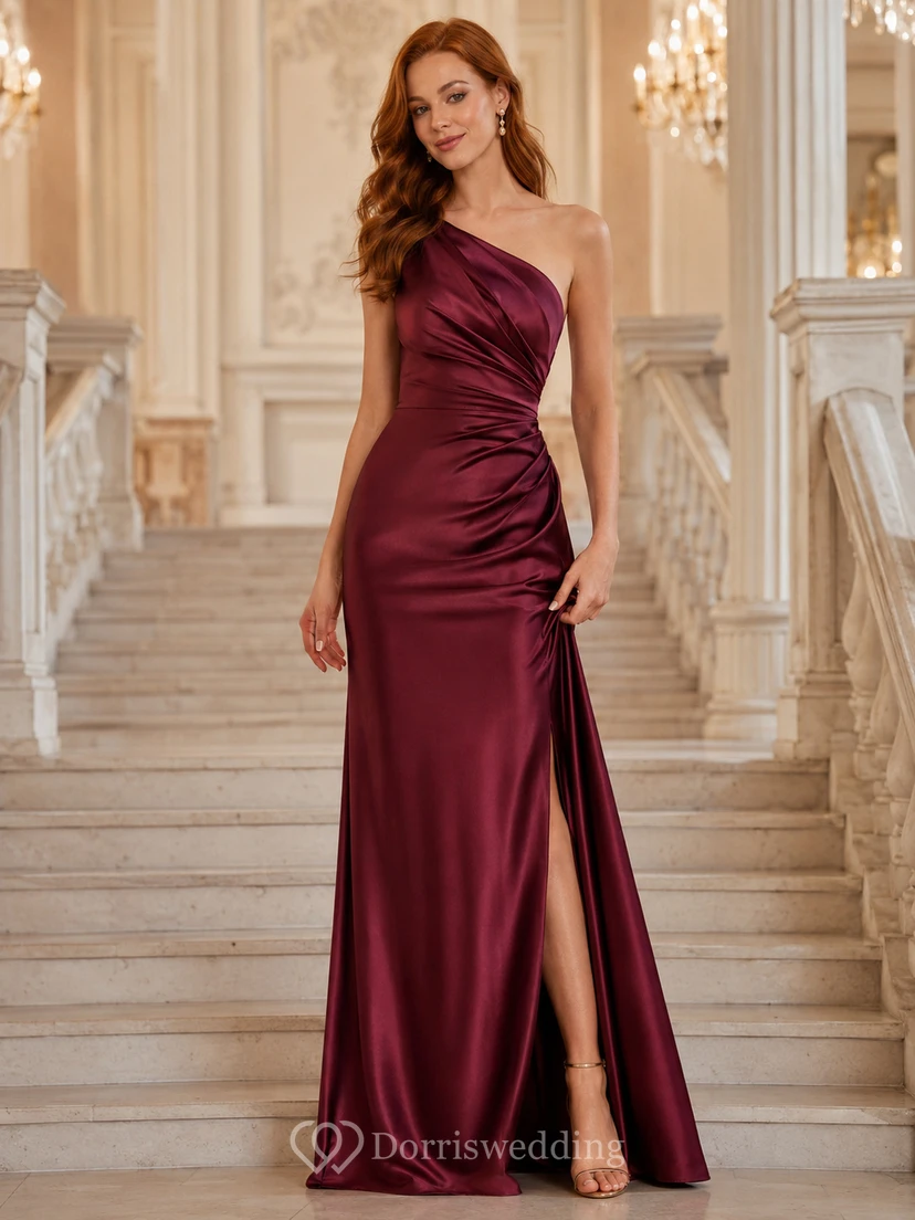 Burgunderfarbenes, schulterfreies Abendkleid aus Satin mit hohem Schlitz und asymmetrischem Träger.