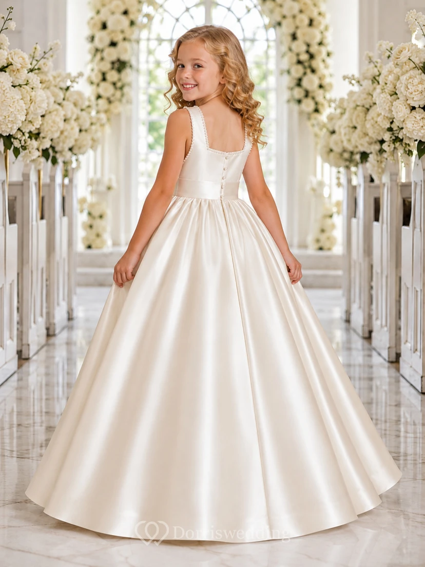 Luxury Princess Satin Ball Gown Flower Girl Floor-Length Square Neck Formal Dress view 2