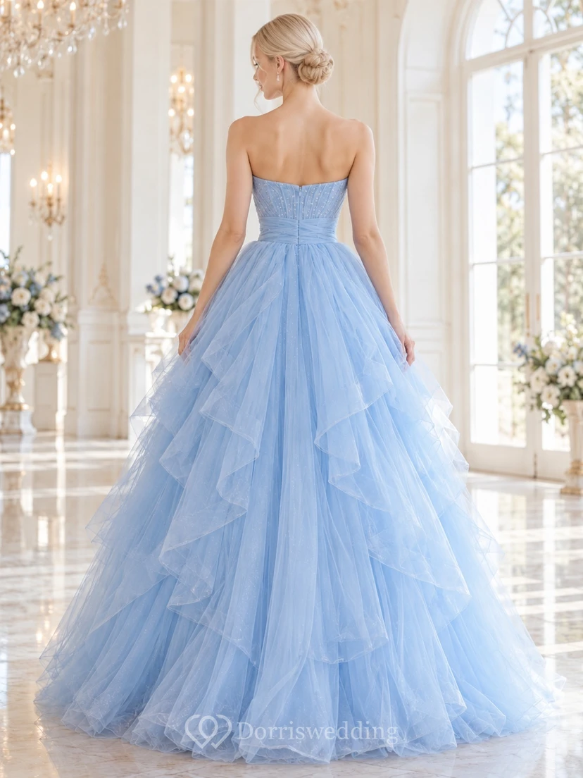 Robe de bal bleu ciel féerique sans bretelles, décolleté cœur, plissée à volants en tulle view 2