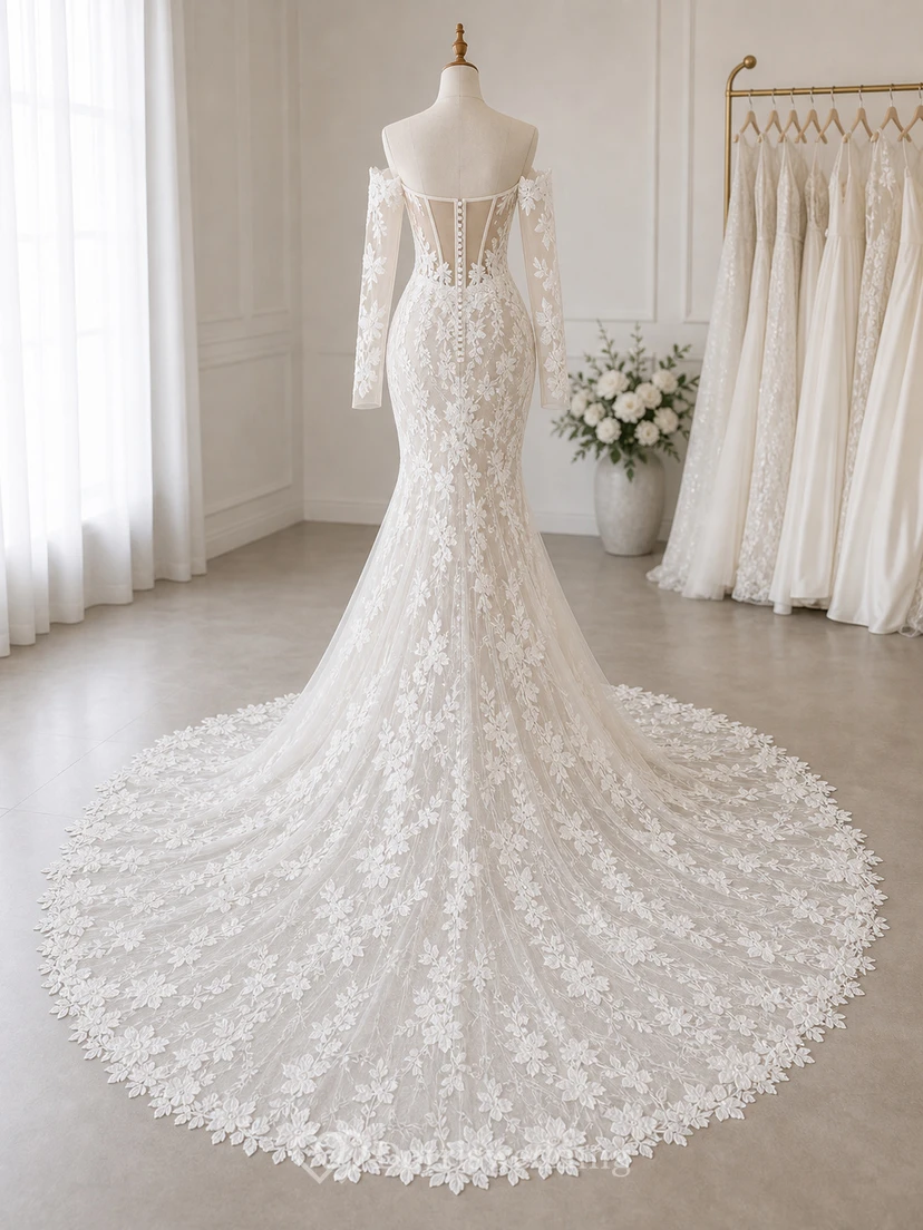 Vestido de novia elegante de encaje estilo sirena con mangas largas, escote de hombros descubiertos y efecto ilusión. view 8