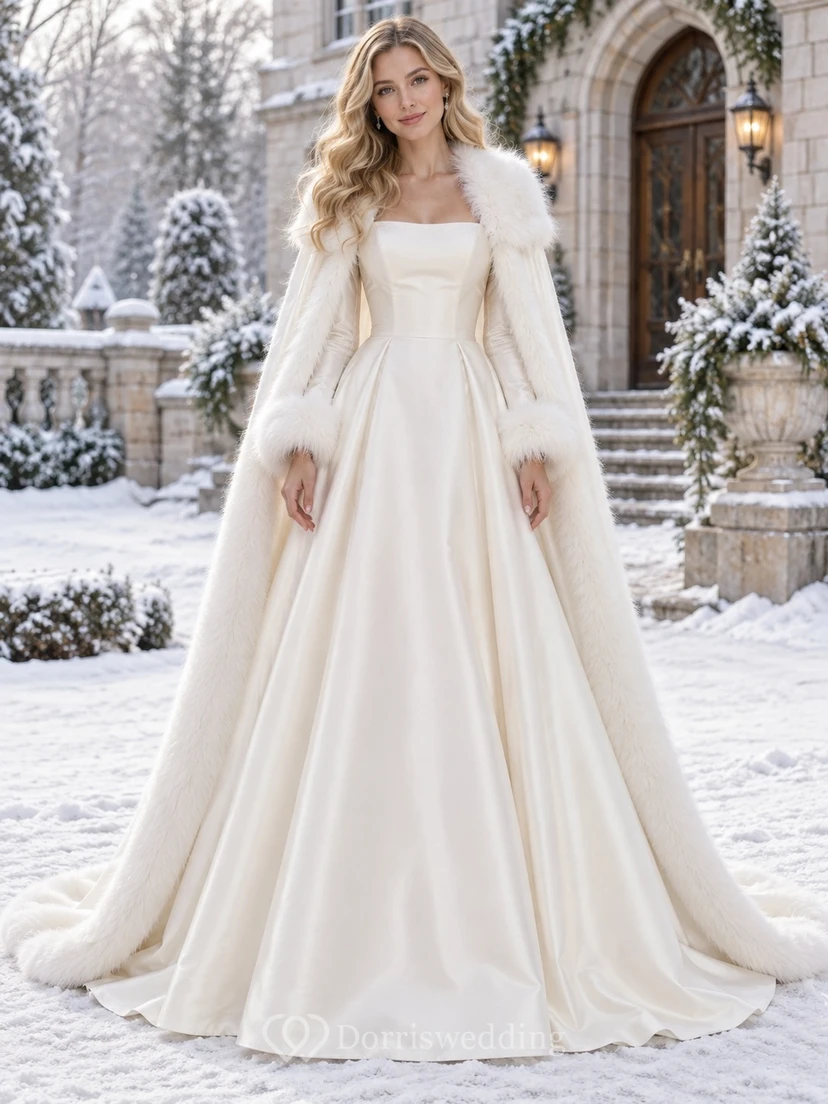 Vestido de novia de corte A con cuello cuadrado, manga larga, ribete de felpa y satén.