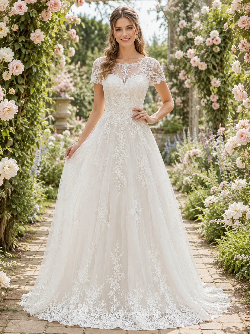Short Sleeve Illusion Lace A Line Spring Garden Bridal Gown