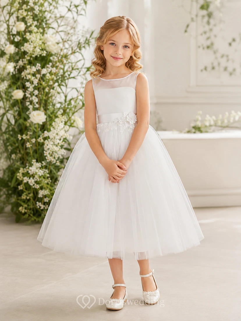 Elegantes, teelanges A-Linien-Kleid aus Tüll mit floralen Applikationen für Blumenmädchen-Hochzeiten im Gartenstil
