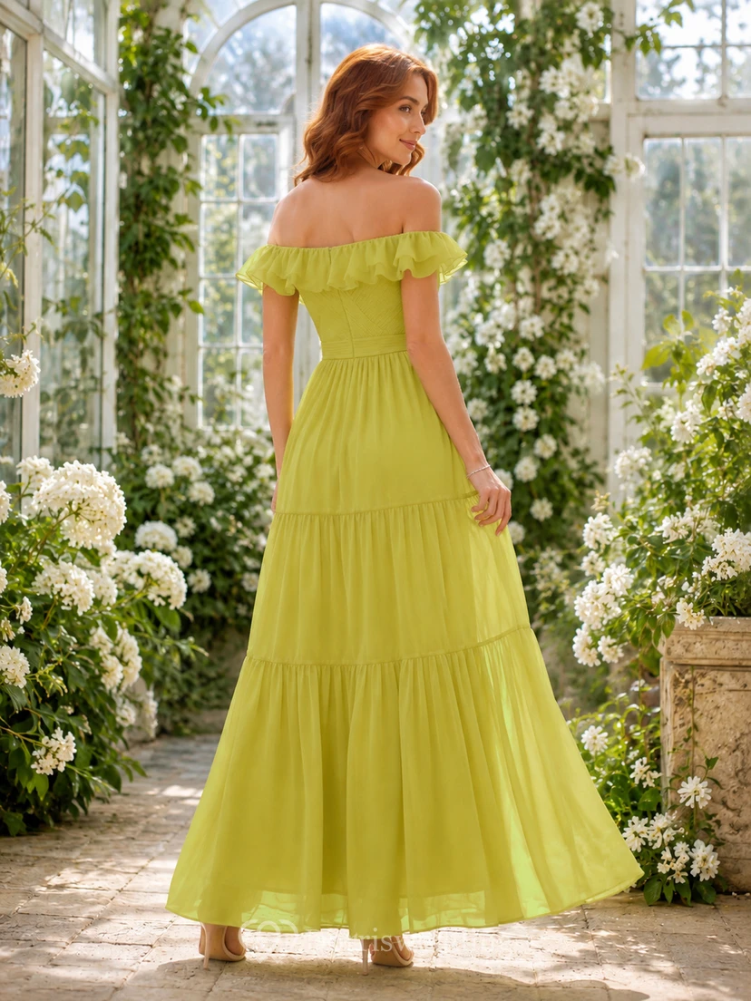 Chartreuse Off Shoulder Tiered Chiffon Floor Length A Line Garden Guest Dress view 2