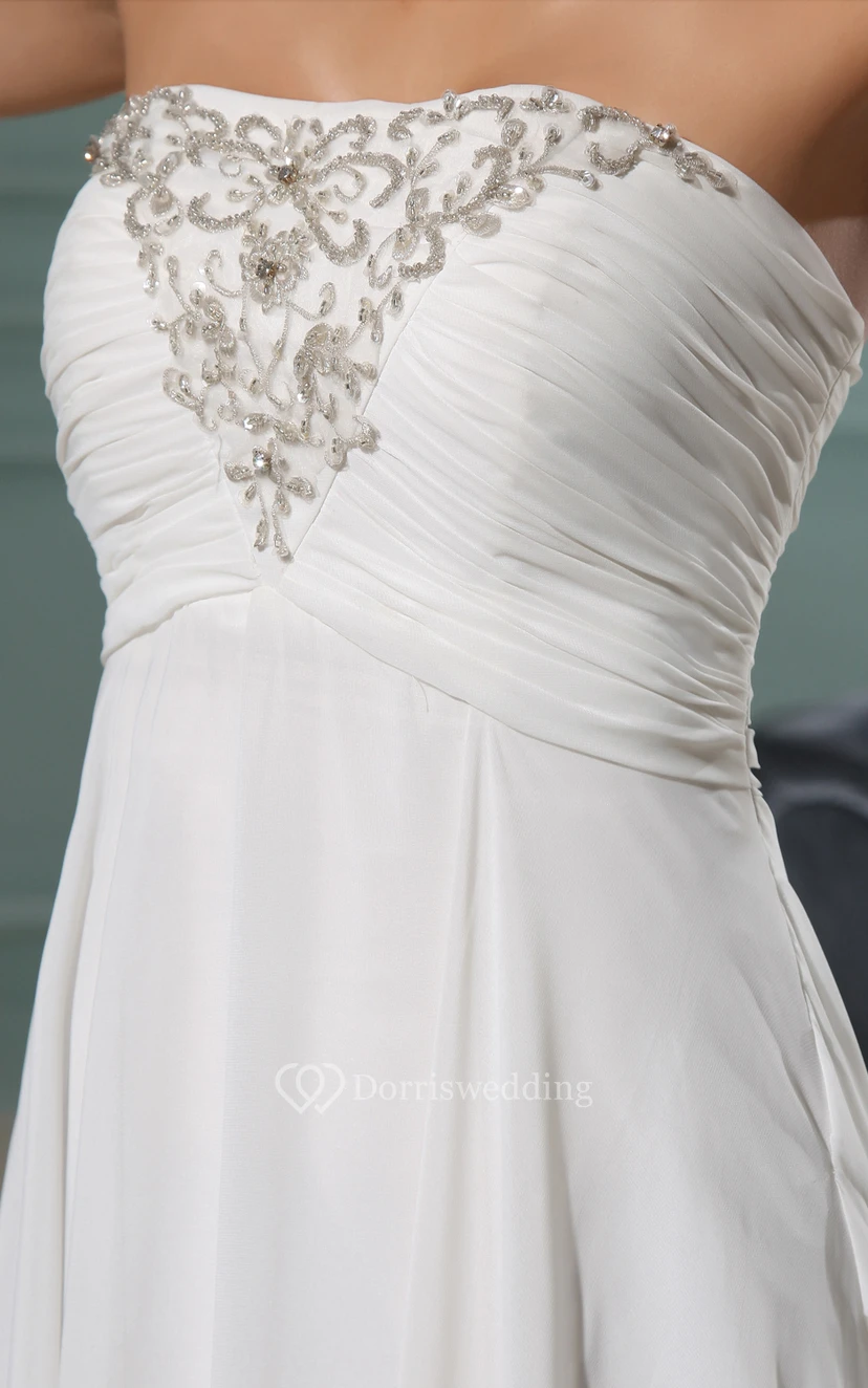 Strapless A-Line Chiffon Dress With Ruching Bodice and Applique view 4