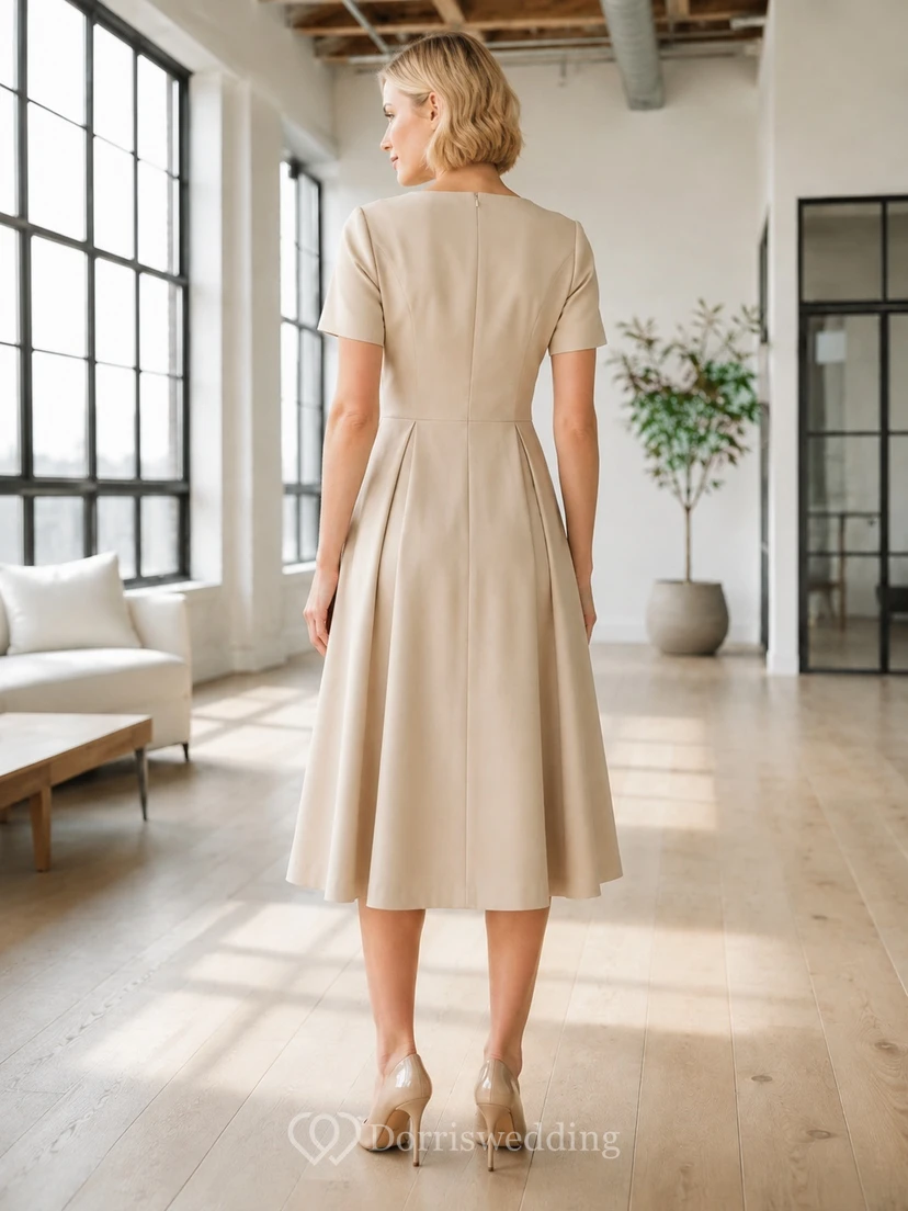 Taupe Guest A-Line Tea-Length Bateau Short Sleeve Pockets Simple Modern Dress view 2