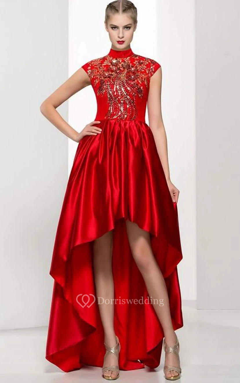 High Neck Cap Sleeves Appliques Beading Asymmetry Prom Dress