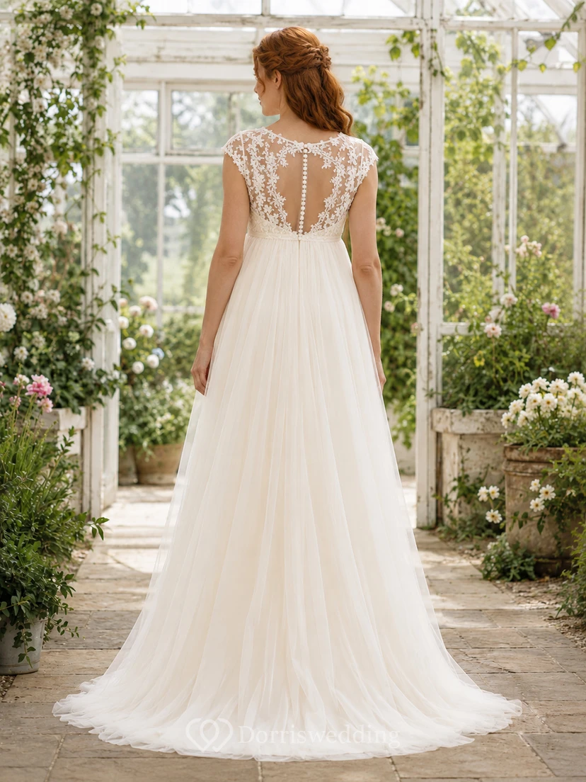 Robe de mariée de maternité à col en V et manches courtes en dentelle et tulle, robe de mariée champêtre view 2