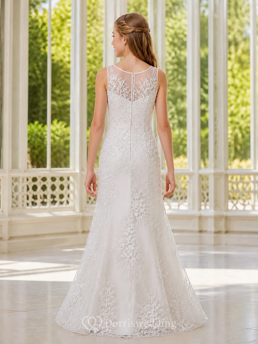 Modest Junior Bridesmaid Floor-length Sheath Scoop Sleeveless Applique Lace Dress view 2
