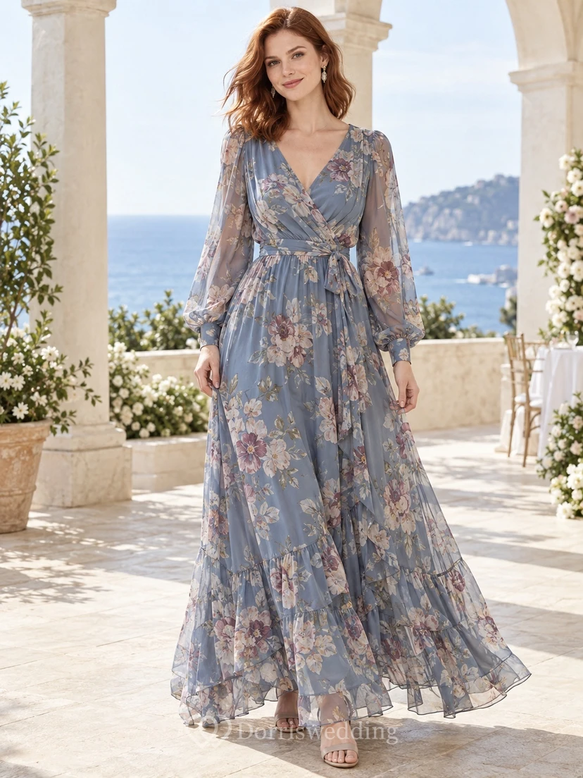 Robe longue bohème en mousseline bleu ardoise à manches longues et col en V à imprimé floral, style bohème