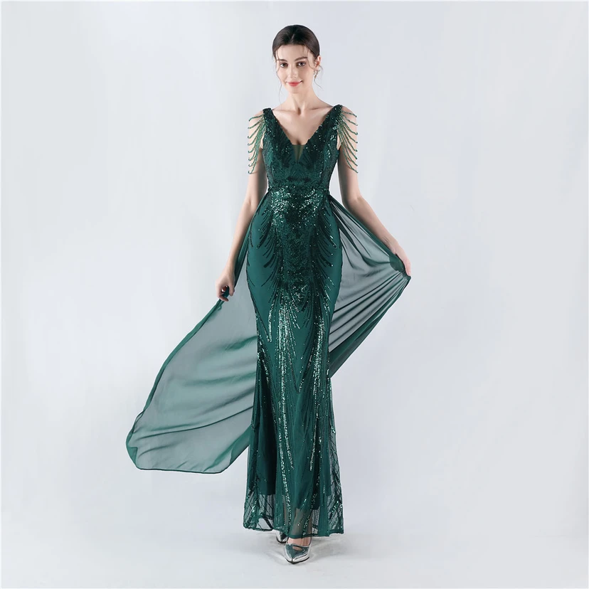 Paillettenbesetzte Blumen mit Cape-Stickerei, hochwertiges Abendkleid, ideal für die Ausrichtung der Jahrestagung view 63