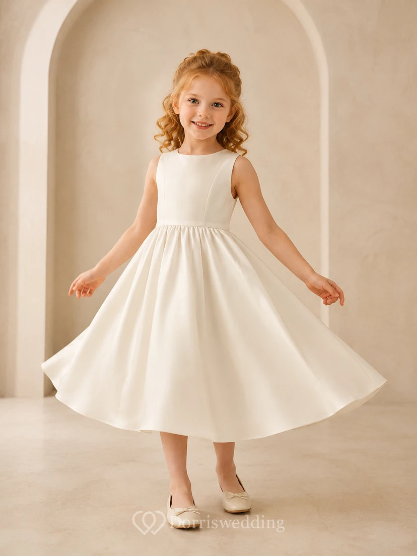 Blumenmädchenkleid aus elfenbeinfarbenem Satin, A-Linie, Rundhalsausschnitt, Teelänge, Schleifendetail