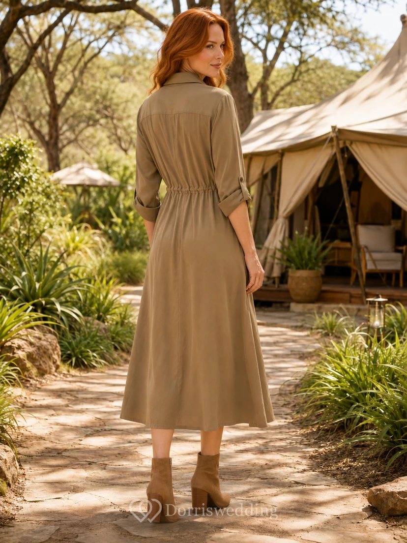 Robe-chemise safari olive, manches trois-quarts, taille nouée, longueur midi, style champêtre view 2