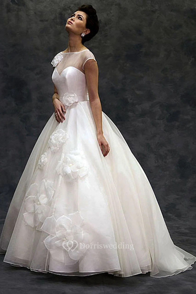 Ball Gown Short-Sleeve Bateau-Neck Floor-Length Tulle Wedding Dress With Flower And Illusion view 2
