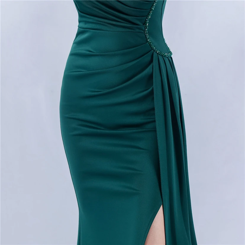 Vestido de noche de satén plisado con hombros descubiertos y escote alto, bordado a mano con cuentas y flores, para mujer. view 27