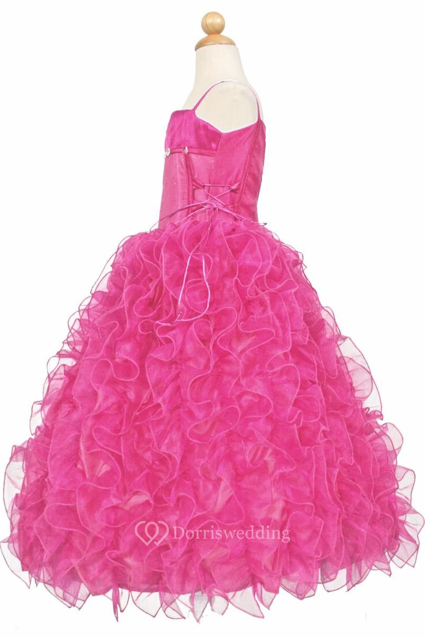 Spaghetti Long Tiered Ruffled Lace&Organza Flower Girl Dress view 2