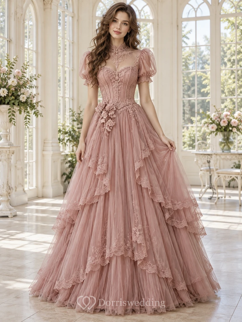 Victorian Dusty Rose Puff Sleeve Lace Corset Tiered Tulle Dress
