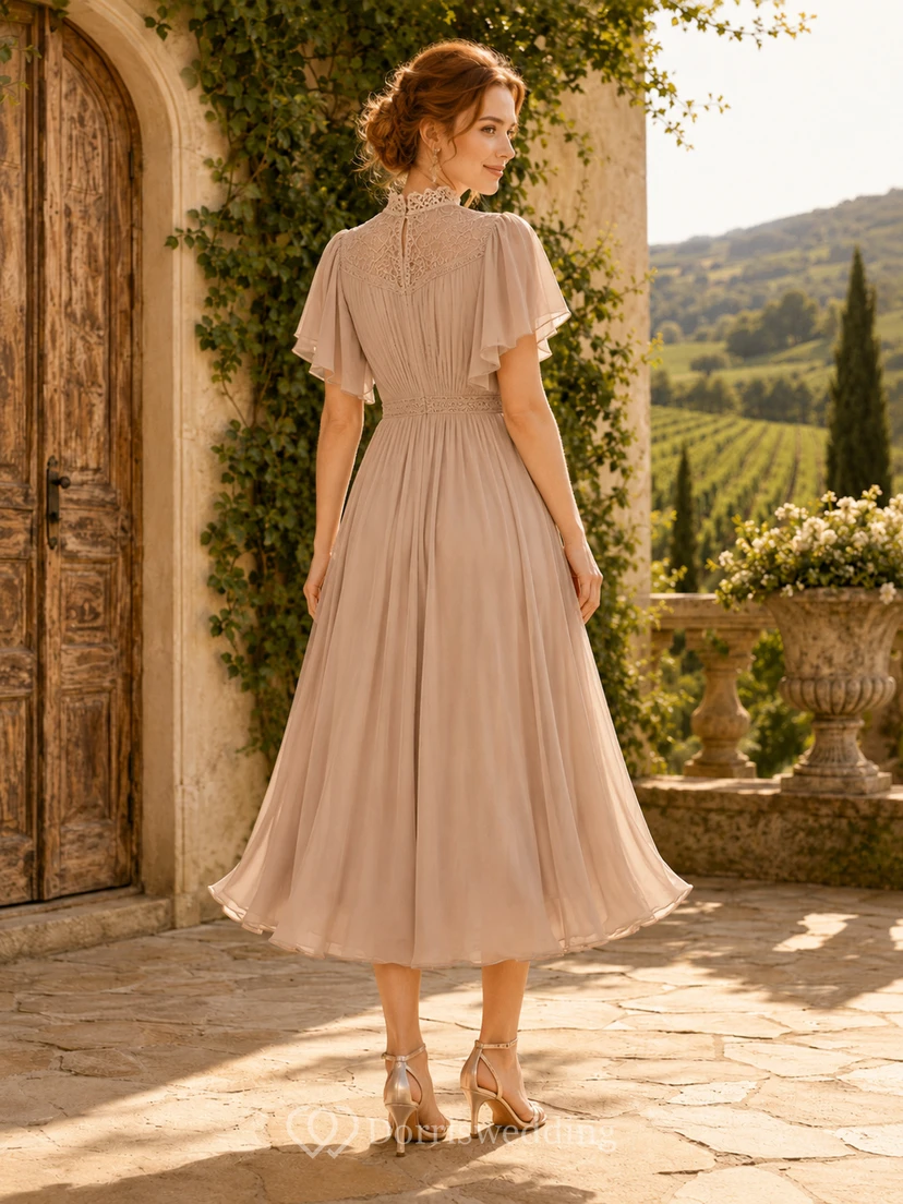 Taupe High Neck Lace Yoke Flutter Chiffon A Line Tea Guest Dress view 2
