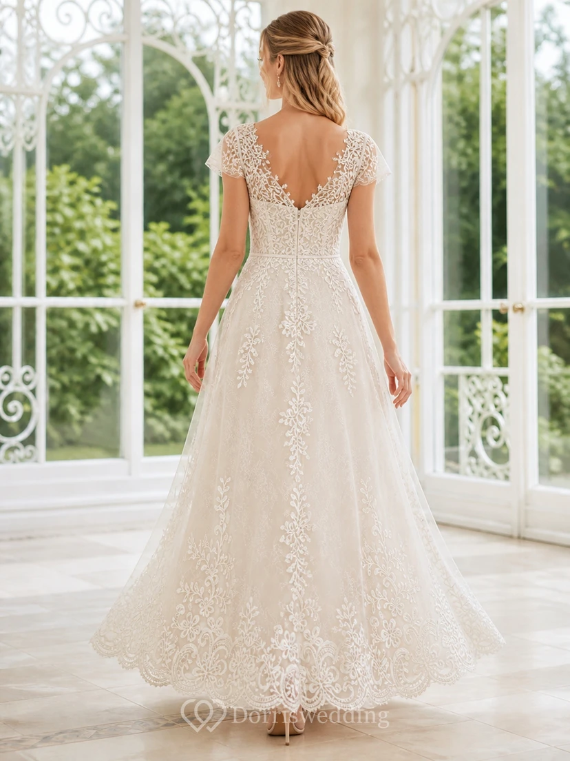 Vestido de novia vintage de talla grande con escote en V profundo, apliques de encaje y mangas cortas view 2