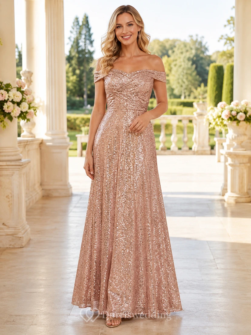 Glamouröses, rosafarbenes Pailletten-Abendkleid in Etuiform, bodenlang, schulterfrei, kurze Ärmel