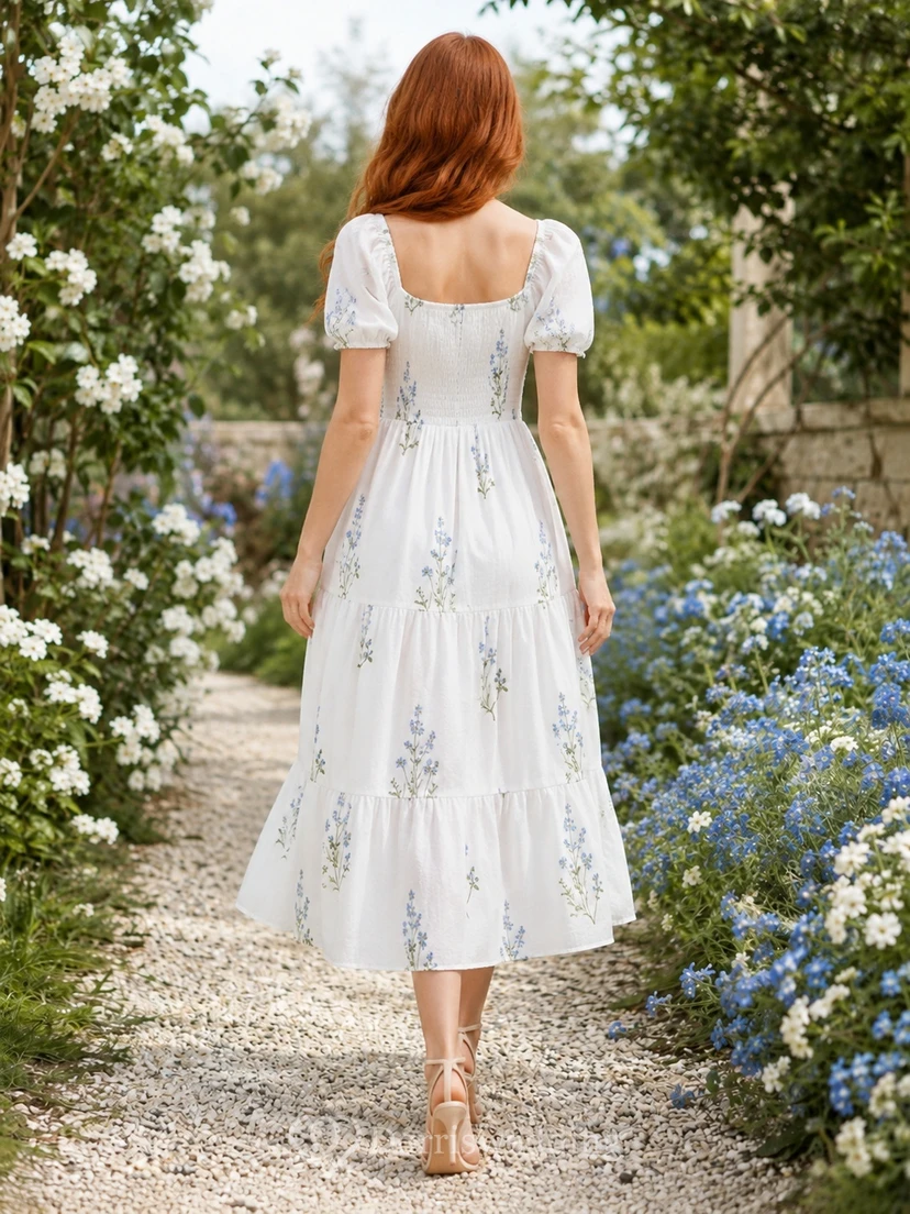Robe vintage blanche à fleurs en mousseline de soie, col carré, coupe trapèze, manches bouffantes, longueur midi view 2