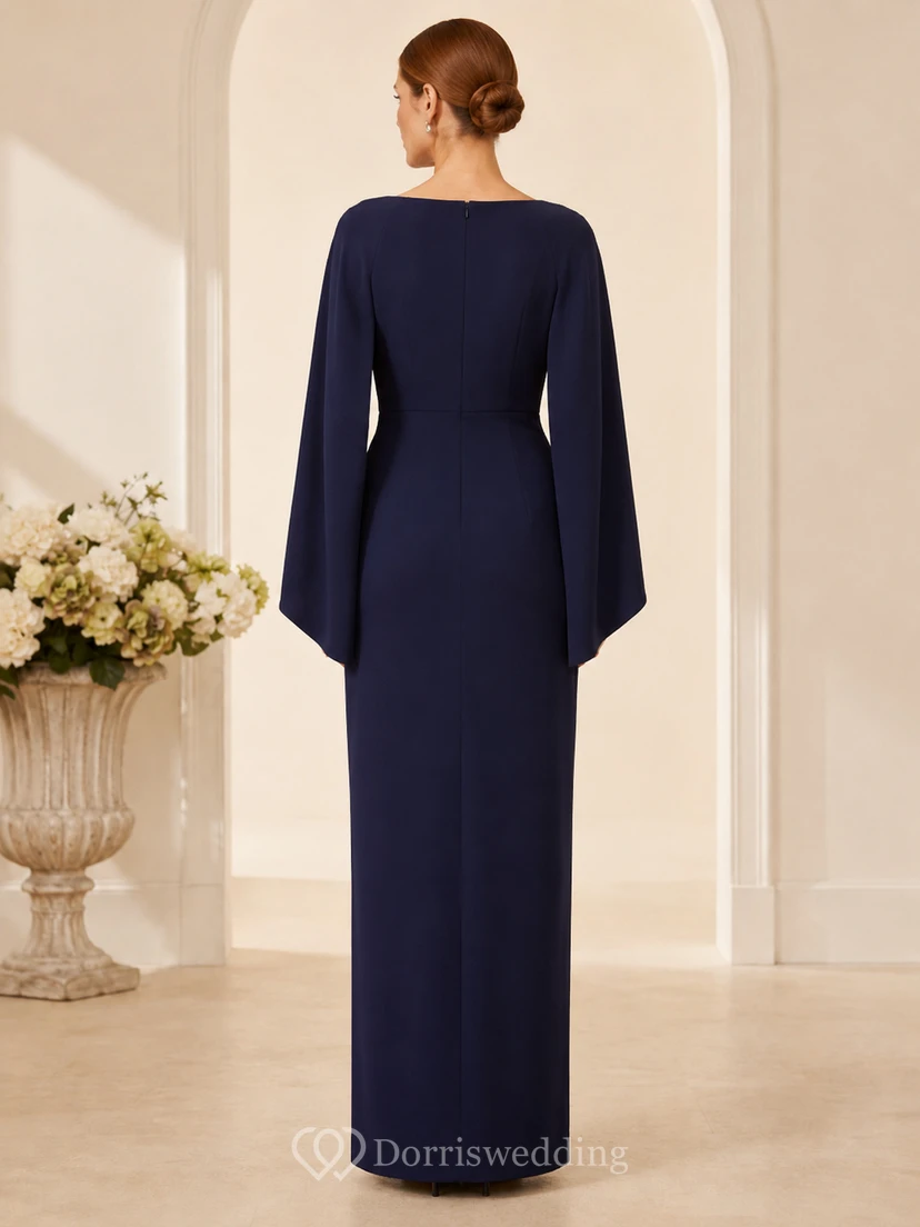 Navy Long Sleeve Jewel Neck Floor Length Modest Formal Dress view 2