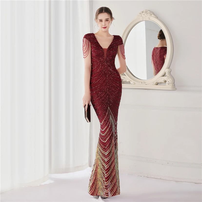Paillettenbesetztes, handwerklich perfekt gefertigtes, perlenbesetztes Party-Abendkleid – sexy langes Kleid für die Braut view 10