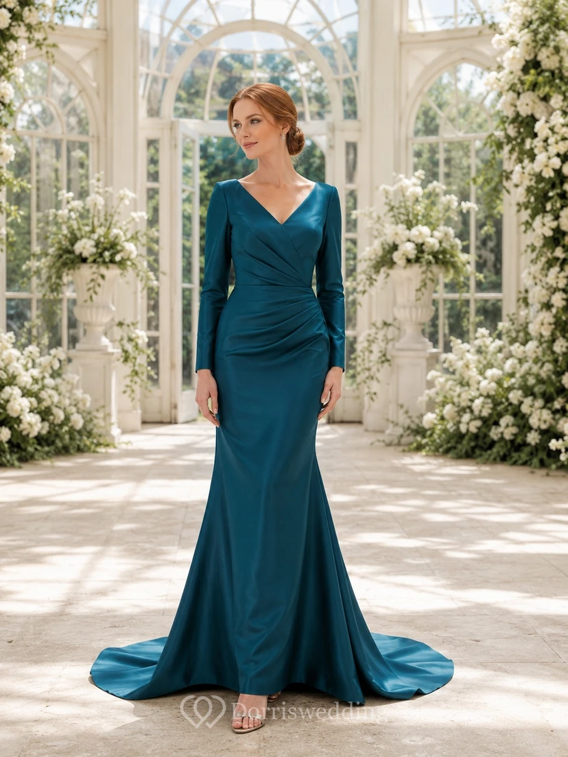 Dunkelpetrolfarbenes, langärmeliges Brautkleid im Meerjungfrauenstil mit V-Ausschnitt, Raffungen und Satinbesatz, bodenlang