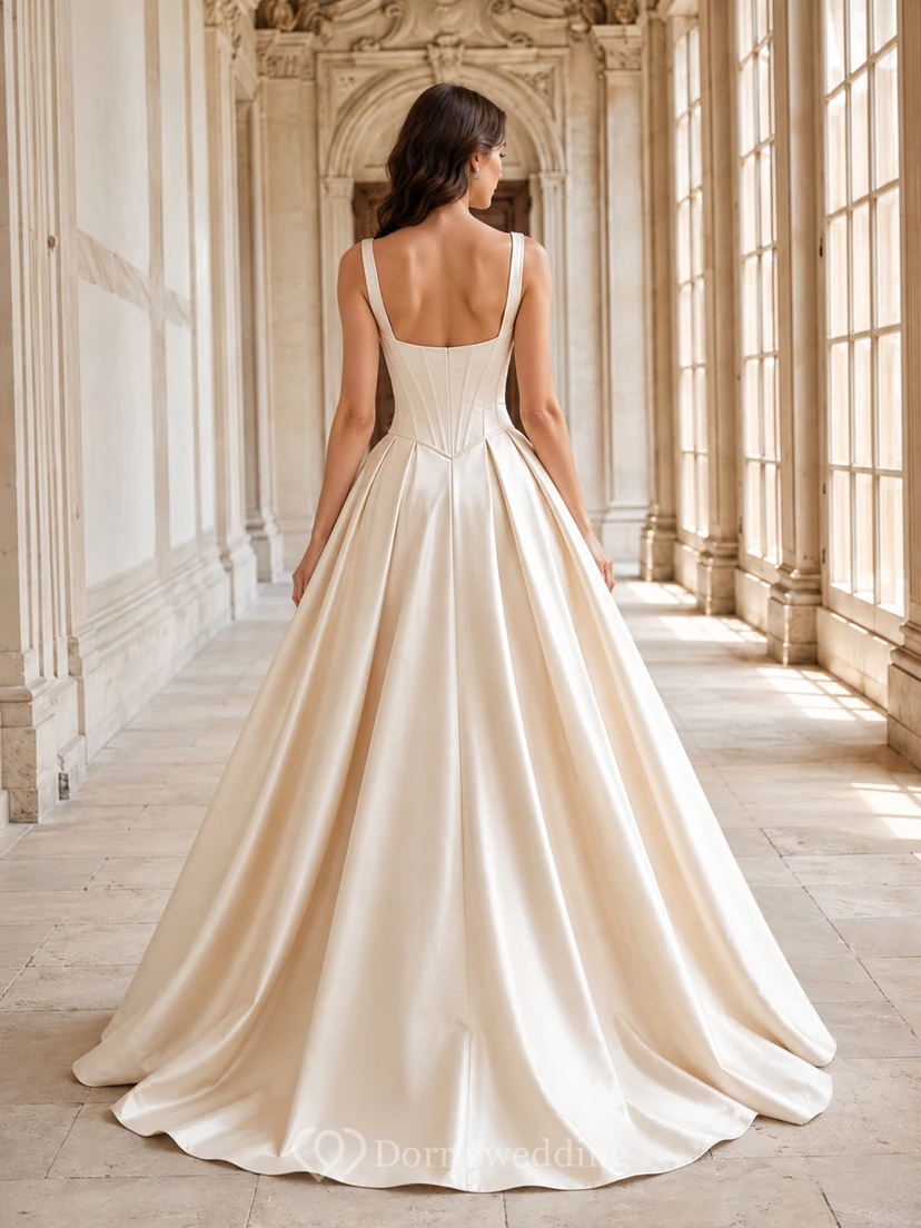 Robe de mariée longue en satin à col carré et basque, col carré, longueur au sol. view 2