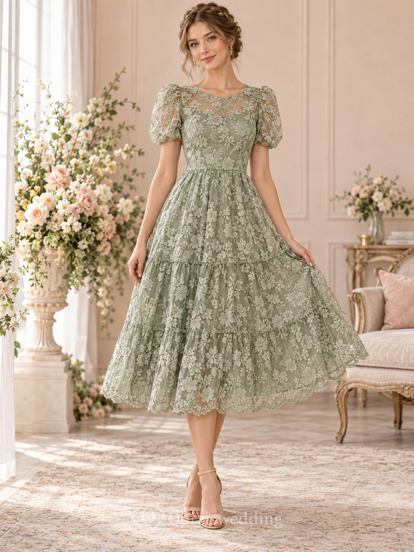 Tea-length Sage Puff Sleeve Tiered Floral Lace Wedding Guest Dress