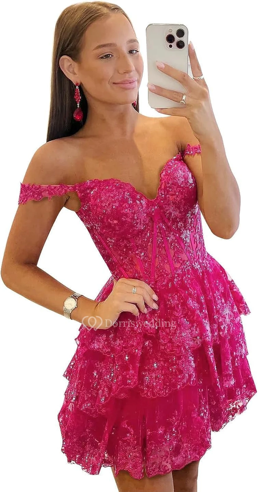 Blue Off-the-Shoulder Short Dress with Lace view 6