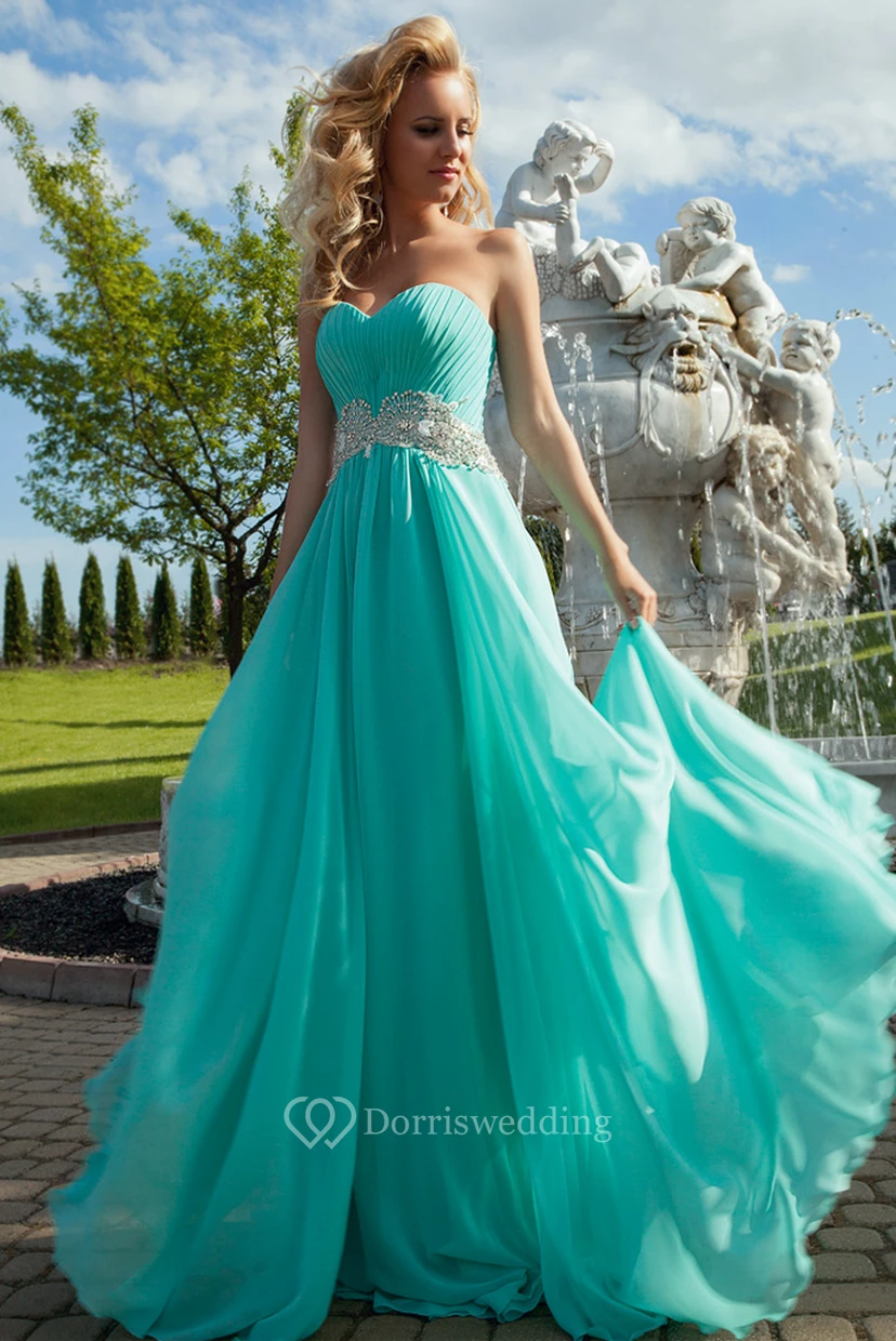 Sweetheart Ruched Floor-Length Sleeveless Chiffon Prom Dress With Waist Jewellery view 3
