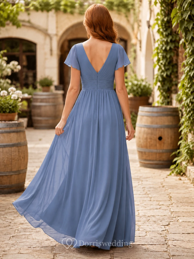 Steel Blue Chiffon A-Line V-Neck Flutter Sleeve Pleated Low Back Floor-Length Bridesmaid Dress view 2