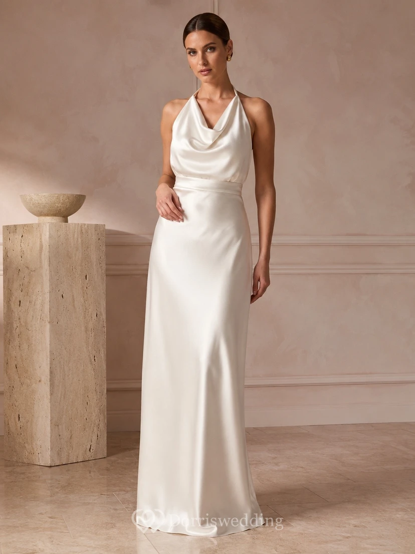 Ivory Cowl Neck Backless Satin Gown Classic Occasion