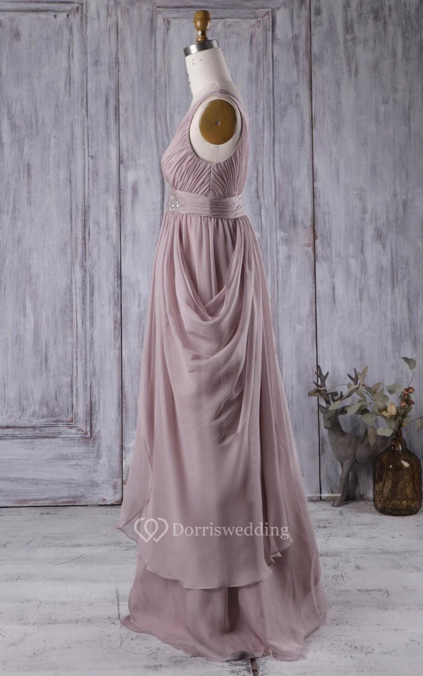 V Neck V Back Draped Empire Chiffon Long Dress With Beading view 3